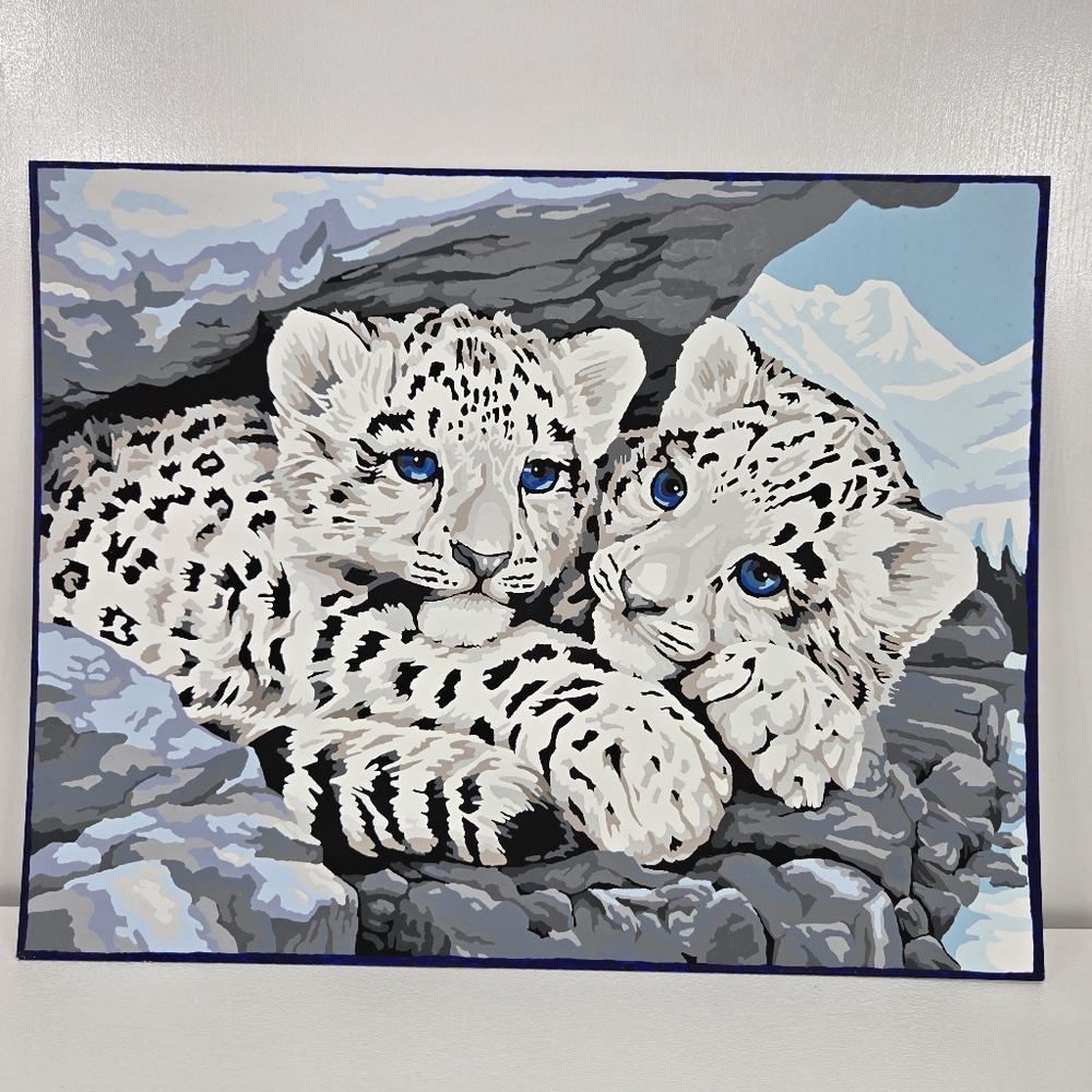 VTG Snow‎ Leopard Cubs Finished Acrylic Paint By Number 14x11 Winter W/ Border